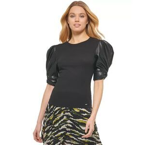 NWT DKNY Women's Faux-Leather Puffed-Sleeve Top XL